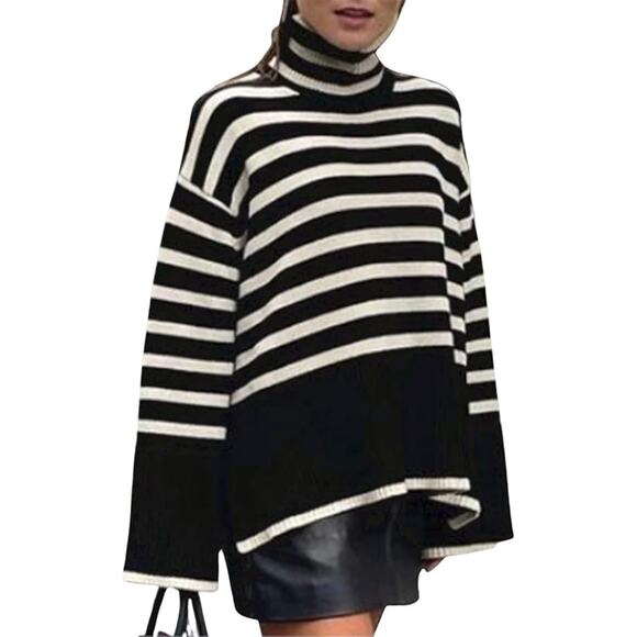 New Womens Size Small Oversized, Turtleneck, Striped Sweater with side split - Picture 2 of 2
